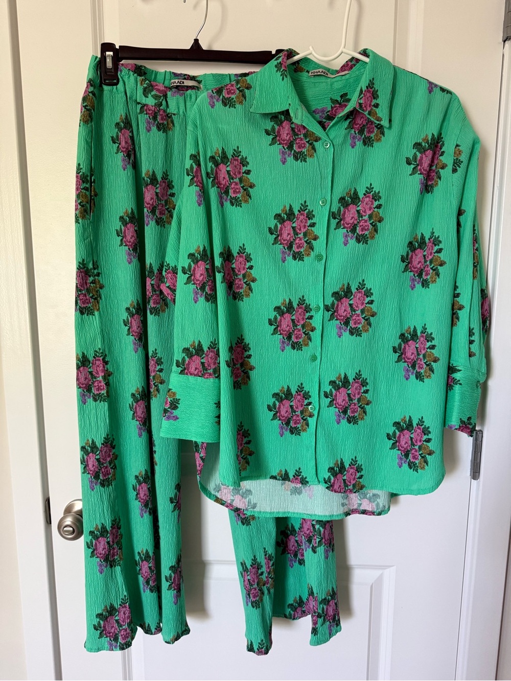 Women’s Floral Button-Up Co ord Set in Teal with Pink Roses
